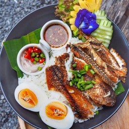 ข้าวปลาแกะ+ไข่ต้ม+น้ำจิ้มซีฟู้ด