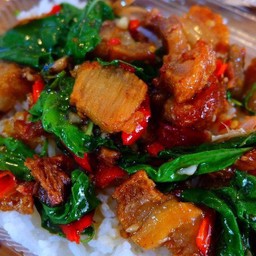 Stir Fried Kale With Crispy Pork On Rice