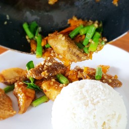 ข้าวราดปลากระพงผัดพริกเหลือง