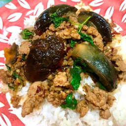 กระเพราใข่เยี่ยวม้าราดข้าว