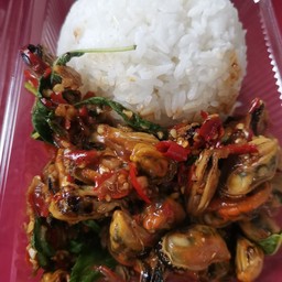 กะเพราหอยแมลงภู่ราดข้าว+น้ำสมุนไพร