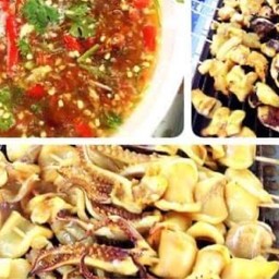 ปลาหมึกย่าง ยาใจ น้ำจิ้ม ตลาดนัดโพธิ์แจ้