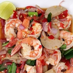 ยำกุ้งสุก-หมูยอ(น้ำปลาร้า)