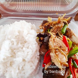 ไก่ผัดขิงใส่เห็ดหนู+ข้าวสวย