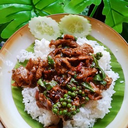 ข้าว โหระพาพริกไทยดำ หมู/เนื้อ