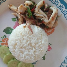 ผัดกระเพราหมึกราดข้่าว