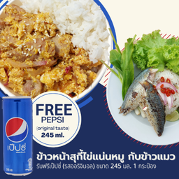 ข้าวหน้าสุกี้ไข่แน่นหมู คู่กับข้าวแมว รับฟรีเป๊ปซี่ ขนาด 245 มล 1 กระป๋อง