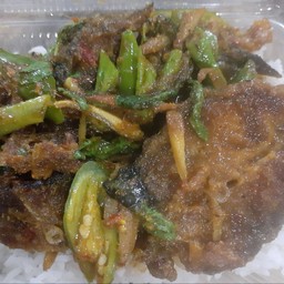 ข้าวราดผัดพริกแกงปลาดุกทอดกรอบ