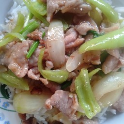 ผัดพริกอ่อนหมูราดข้าวแถมฟรีไข่ดาว1ฟอง