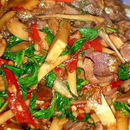 กะเพราเครื่องในไก่หน่อไม้กับข้าว