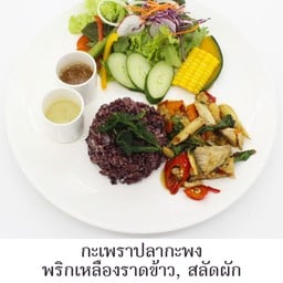 กะเพราปลากะพงพริกเหลืองราดข้าว,สลัดผัก