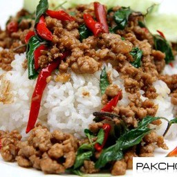 กระเพราหมูสับราดข้าว