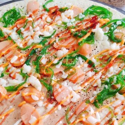 เครปวนิลา ยำสาหร่าย ไส้กรอก ชีส ราดซอสมะเขือ มายอง