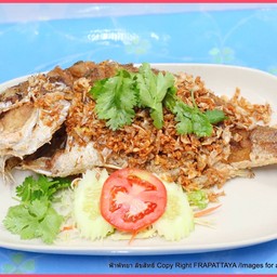 ปลากระพงแดงทอดกระเทียมพริกไทย