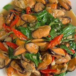 หอยแมลงภู่ชิลีผัดใบโหระพาราดข้าว