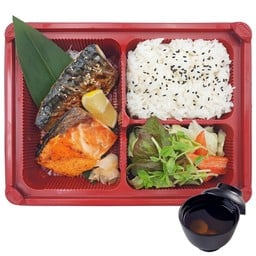 ข้าวกล่องปลาแซลมอนเมนไทและปลาซาบะย่างซีอิ้ว