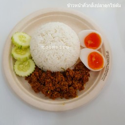 ข้าวราดคั่วกลิ้งปลาดุก+ไข่ต้มยางมะตูม