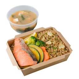 ข้าวกล้องญี่ปุ่นผสมควินัวผัดกระเทียม เสิร์ฟพร้อมแซลมอนย่างเกลือหิมาลายัน