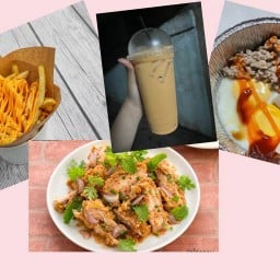 ข้าวน้ำพริกผัดกากหมู หมูทอด