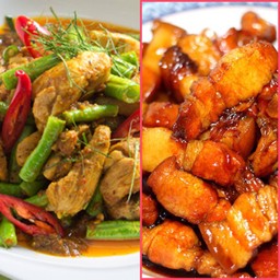 ข้าวพริกแกงไก่ถั่วฝักยาว+หมูหวาน