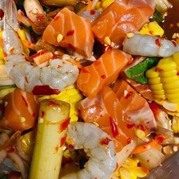 Salmon Salad, Fresh Shrimp, Corn, Lotus Stem