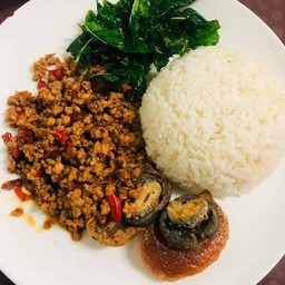 กะเพราไก่ใข่เยี่ยวม้าราดข้าว