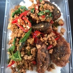 กระเพรา ไข่เยี่ยวม้า หมูสับ