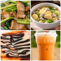 ข้าวคะน้าหมูกรอบ+แกงจืดผักกาดขาวเต้าหู้หมูสับ+ขนมปังเนยนมช็อค+ชาไทยแก้วโอ่ง