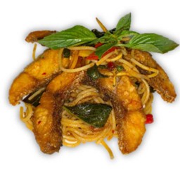 สปาเก็ตตี้ผัดฉ่าพริกเผาปลาทอด (Spaghetti pad cha sea bass)