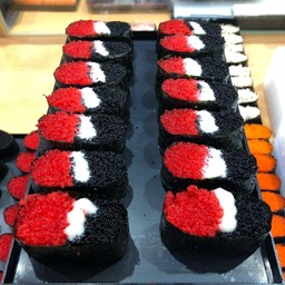 Red Shrimp Roe Sushi + Black Tobiko Mayonnaise
