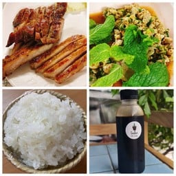 ชุดคอหมูย่าง ลาบหมู ข้าวเหนียว + โอเลี้ยง