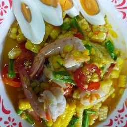 ตำไทยข้าวโพดคอหมู+ก้งสด