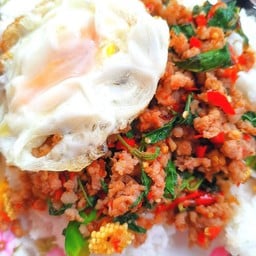 (แถมหมูยอทอด)กระเพราหมูสับไข่ดาว