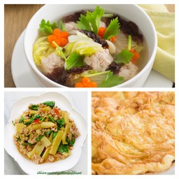 ต้มจืดเต้าหู้+ผัดกระเพราหมูสับหน่อไม้+ไข่เจียว2ฟอง แถมข้าวสาว1ถุง