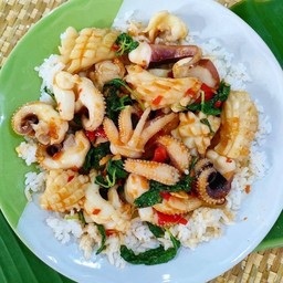 ผัดกระเพราราดข้าว คลุกรวมกับข้าวเลย(หมู,หมึก,กุ้ง,ไก่)