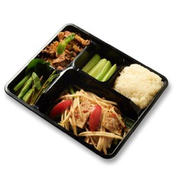 B10. ตำปลาร้าหมูยอ + น้ำตกคอหมู + ข้าวเหนียวขาว