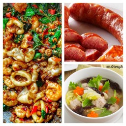 ผัดกระเพรารวมมิตร+กุนเชียง+ต้มจืดเต้าหู้