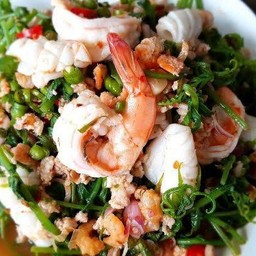 ยำผักกูดใส่กุ้งสด