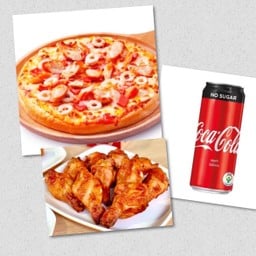 พิซซ่าหน้ามิกซ์ s + ไก่นิวออร์ลีนส์ + โค้กหนึ่งกระป๋อง