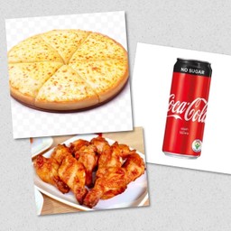 พิซซ่าหน้าดับเบิลชีส s + ไก่นิวออร์ลีนส์หนึ่งชุด + โค้กหนึ่งกระป๋อง