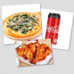 พิซซ่าหน้าผักโขม s + ไก่นิวออร์ลีนส์ + โค้กหนึ่งกระป๋อง