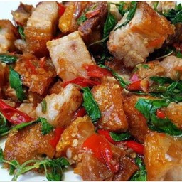 ดับเบิ้ล หมูกรอบ200g เป็นกับข้าว เลือกผัดได้