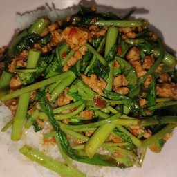 ผัดพริกแกงผักบุ้งหมูสับราดข้าว