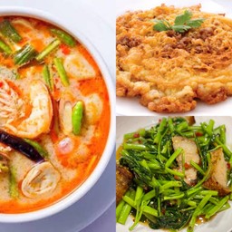 ต้มยำรวมมิตร+ผัดผักบุ้งหมูกรอบ+ไข่เจียวหมูสับ