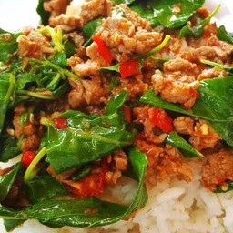 กระเพราเนื้อ  ราดข้าว
