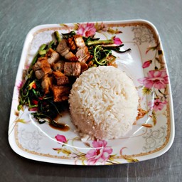 (ลด15%)ผัดผักกระเฉดหมูกรอบราดข้าว