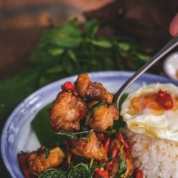 กะเพราซี่โครงหมูทอด ไข่ดาว