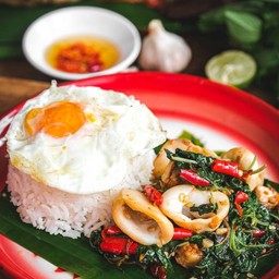 กะเพราปลาหมึก ไข่ดาว
