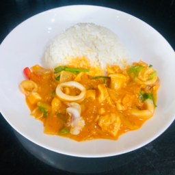 Stir Fried Squid With Salted Egg On Rice