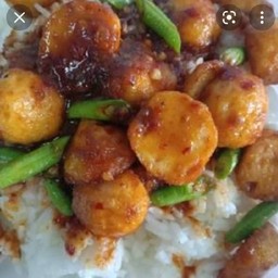 ข้าวพริกแกงลูกชิ้นเอ็นไก่ฝักยาว